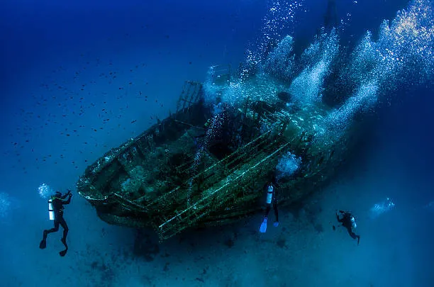 Divers exploring a wreck with bubble trails and reef fish