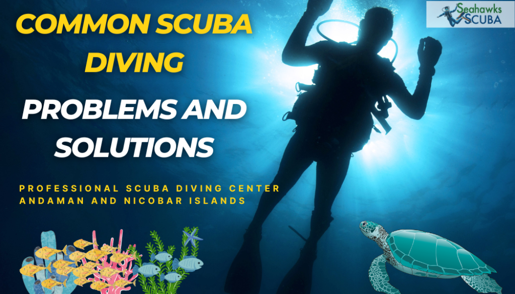 A graphic showing a man scuba diving with scuba gears near andaman. Text on the graphic reads"common scuba diving problems and solutions"