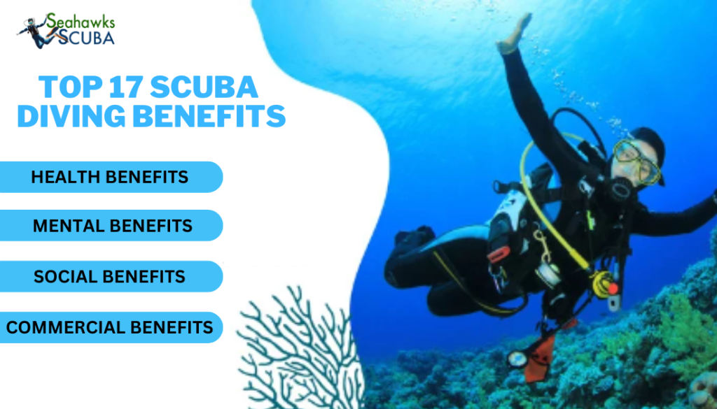 top 17 benefits of scuba diving including health benefits, mental benefits, social benefits, and commercial benefits