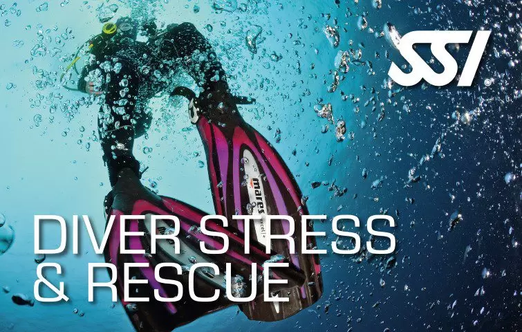 The image shows a scuba diver underwater and text explains "SSI diver stress & rescue" course 