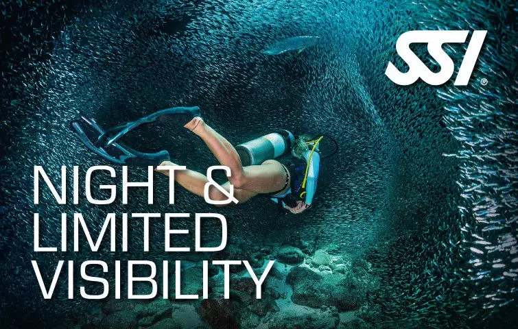 a scuba diver diving in limited or night visibility conditions text says "SSI night & limited visibility"