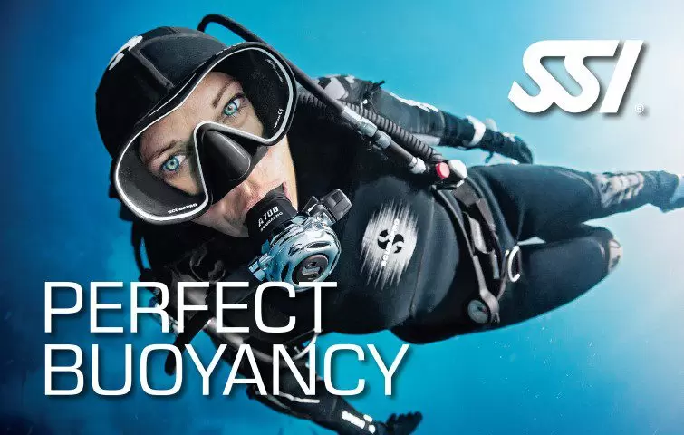 A scuba diver showing skills of buoyancy control underwater text says "SSI perfect buoyancy" course