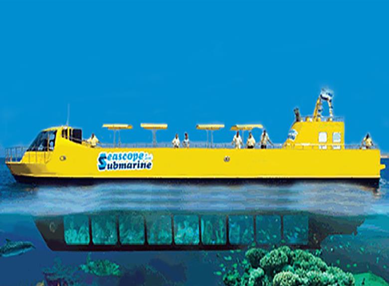 A yellow colour semi submarine ride in andaman sea to witness colorful marine life