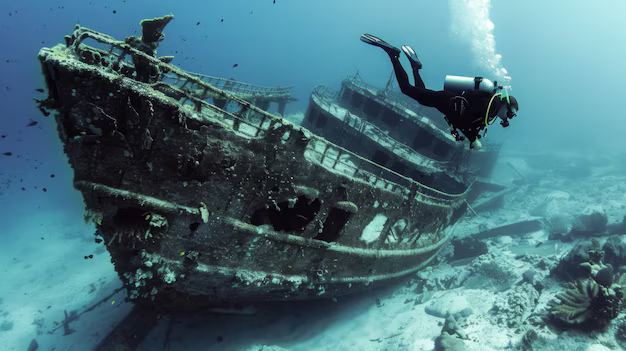 a scuba diver exploring the outer part of a shipwreck lying on the sandy bottom of the sea