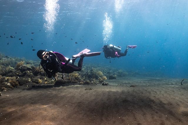 two scuba divers swimming forth-back close to the sandy bottom of a coral reef and multiple fish species swimming around