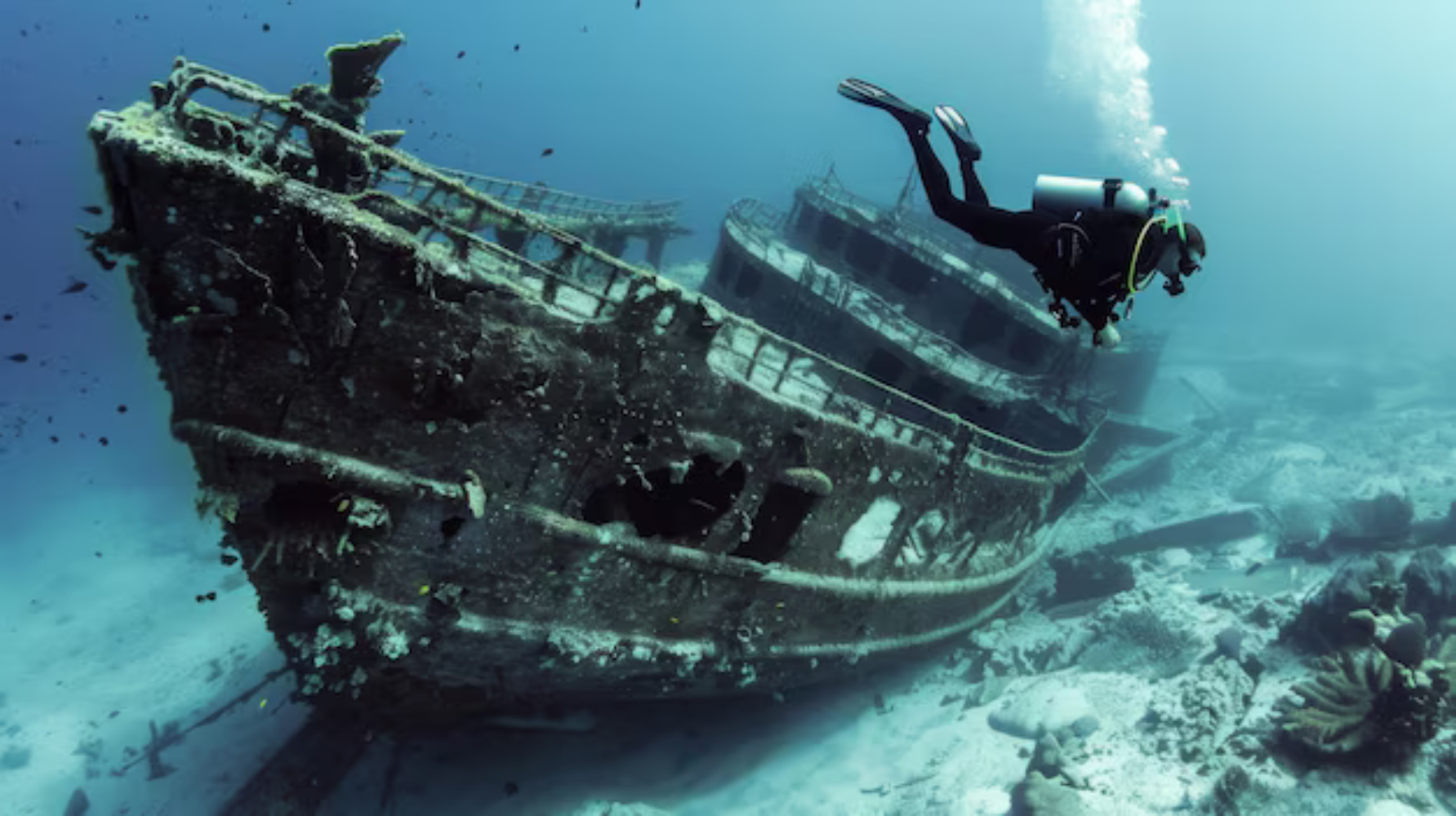 a shipwreck lying on the sandy bottom underwater and scuba divers diving around the shipwreck