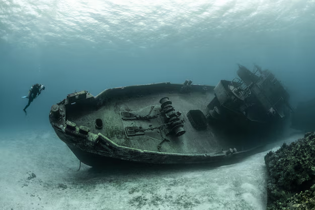 a ship wreck lying underwater on the sandy bottom. a scuba diver exploring the wreck.